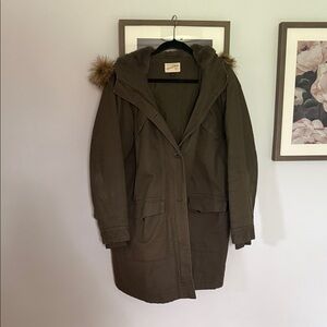 Women's Forrest Green Parka Coat with Faux Fur Hood